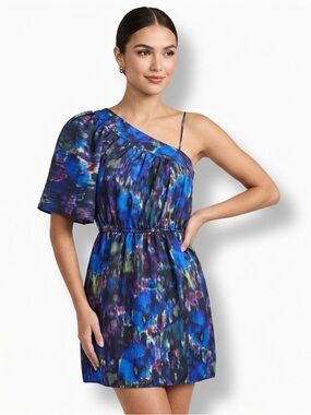 Angie One-Shoulder Blue Multicolor Abstract Mini Dress